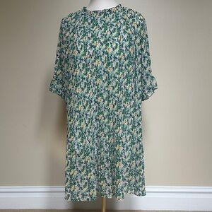 Melloday Green Floral Pleated Ruffle Trim Mini Dress Spring Summer Boho Size M